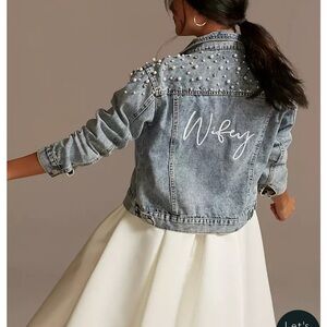 David's Bridal Wifey Pearl and Crystal Studded Denim Jacket